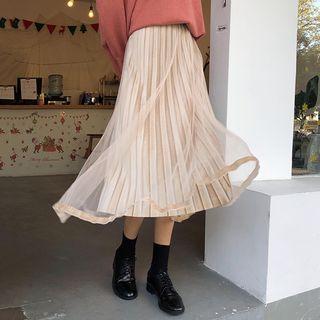 Midi Mesh-overlay Accordion Pleated Skirt