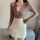 Chain Accent Long-sleeve T-shirt / Faux Leather A-line Skirt