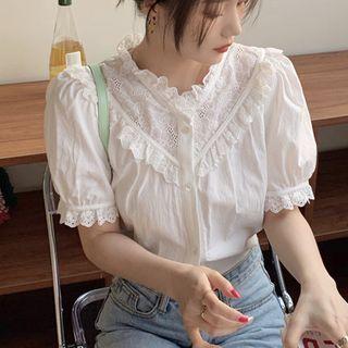 Puff-sleeve Lace Panel Blouse White - One Size