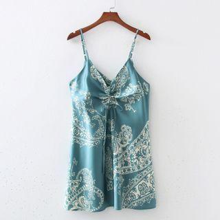 Suspender V-neck Drawstring Print Dress