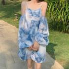Cold-shoulder Tie-dye Print Mini A-line Dress