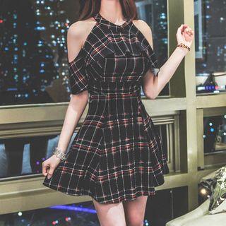 Elbow-sleeve Cold Shoulder Plaid A-line Mini Dress