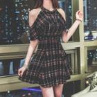 Elbow-sleeve Cold Shoulder Plaid A-line Mini Dress