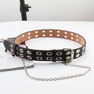 Faux Leather Double Eyelet Belt With Chain - Double Eyelet Belt - Black - One Size