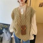 V-neck Cable Knit Sweater Vest / Ruffle Trim Blouse