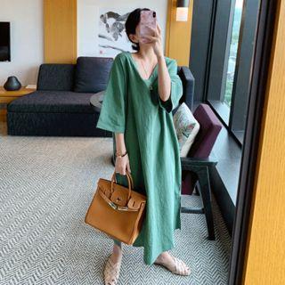 V-neck Slit-side Linen Blend Dress
