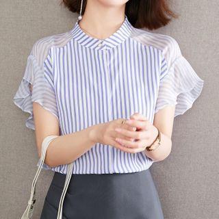Short-sleeve Mesh Panel Striped Shirt