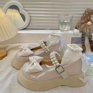 Faux Pearl Ribbon Platform Mary Jane Shoes