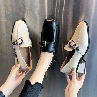 Square-toe Buckled Block Heel Loafers