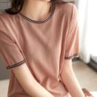 Short-sleeve Contrast Trim Knit Top Pink - One Size