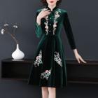 Long-sleeve Embroidered Midi A-line Velvet Dress