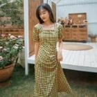 Gingham Short-sleeve Square-neck Shirred Midi A-line Dress
