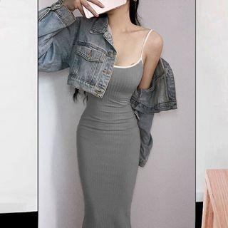 Spaghetti-strap Contrast Trim Midi Sheath Dress