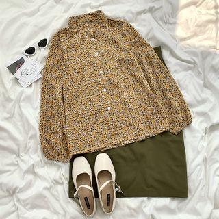 Long-sleeve Floral Shirt / Plain Midi Skirt
