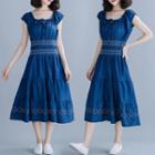Lace-up Short-sleeve Midi A-line Dress Blue - One Size