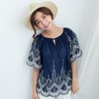 Elbow-sleeve Round Neck Embroidery Top