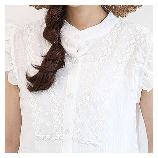 Mandarin-collar Lace-yoke Blouse
