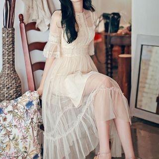 Short Sleeve Mock-neck Lace Panel A-line Dress