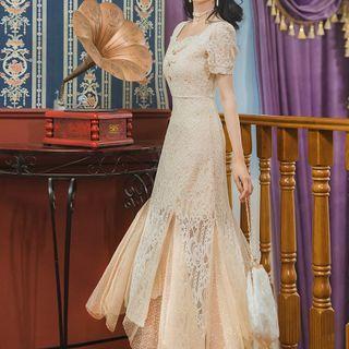 Short-sleeve Square Neck Lace Embroidered Midi Dress