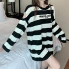 Long-sleeve Off-shoulder Striped Lettering Embroidered Knit Sweater Stripes - Black & White - One Size