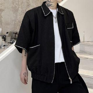 Elbow-sleeve Contrast Trim Zipped Jacket