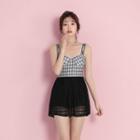 Sleeveless Plaid Swim Dress / Waterproof Pouch / Set