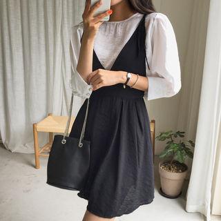 Set: Tie-strap Pinafore Dress + Round-neck Blouse Black - One Size