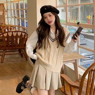 V-neck Contrast Line Knit Vest/ Long Sleeve Plain Shirt/ Plain Pleated Skirt