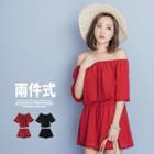Set: Off-shoulder Chiffon Top + Sjorts