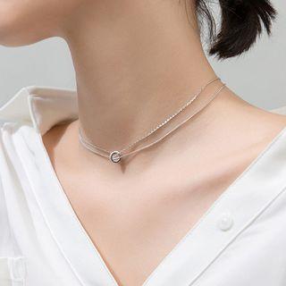 925 Sterling Silver Rhinestone Hoop Pendant Layered Necklace S925silver Necklace - One Size