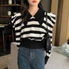 Collared Striped Knit Top Black & White - One Size