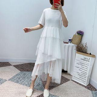 Mesh Panel Short-sleeve Midi Dress White - One Size