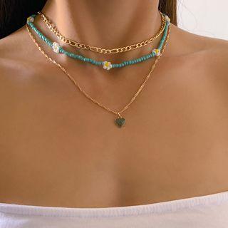 Daisy Beads And Heart Layered Pendant Necklace Gold - One Size
