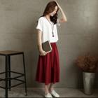 Set Of Two: Short-sleeve Loose-fit Crewneck Cotton Plain Top + Plain Long Sheath Skirt