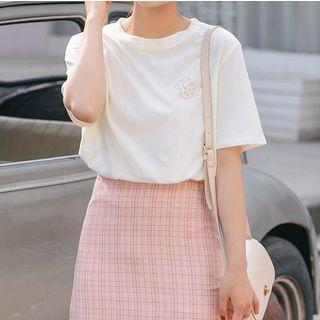 Elbow-sleeve Plain T-shirt Almond - One Size
