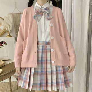 V-neck Cardigan / Shirt / Plaid Bow / Pleated Mini A-line Skirt / Set