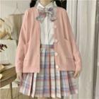 V-neck Cardigan / Shirt / Plaid Bow / Pleated Mini A-line Skirt / Set