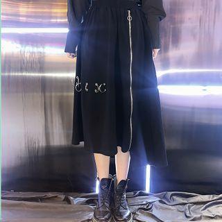 Zip Front Asymmetric A-line Midi Skirt Black - One Size