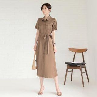 Rollup Flap-pocket Maxi Shirtdress With Sash