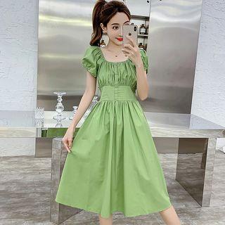 Buttoned Off-shoulder Midi A-line Dress