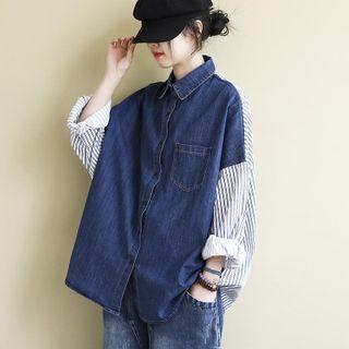 Striped Panel Denim Shirt Stripes - Blue - One Size