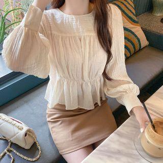 Bishop-sleeve Shirred Crinkled Blouse