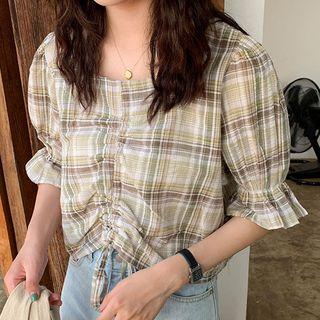Elbow-sleeve Plaid Drawstring Top
