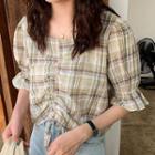 Elbow-sleeve Plaid Drawstring Top