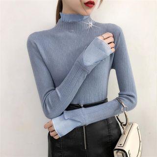 Mock Neck Lace Trim Knit Top