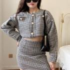 Set: Houndstooth Cropped Button-up Jacket + Mini Pencil Skirt