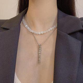 Layered Beaded Spine Pendant Necklace Silver & White - One Size