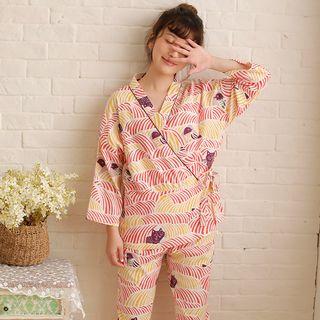 Loungewear Set: Cat Print 3/4-sleeve Wrap Top + Pants