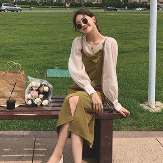 Plain Long-sleeve Blouse / Spaghetti Strap Midi A-line Dress / Set