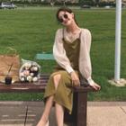Plain Long-sleeve Blouse / Spaghetti Strap Midi A-line Dress / Set